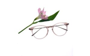 A pair of transparent, round-framed eyeglasses is placed on a white background. A single pink flower with a green leaf is positioned above the glasses, creating a simple and elegant composition.